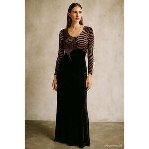 Joseph Ribkoff Velvet Dress Size 6 Black Brown Long Sleeve Geometric Avant Garde